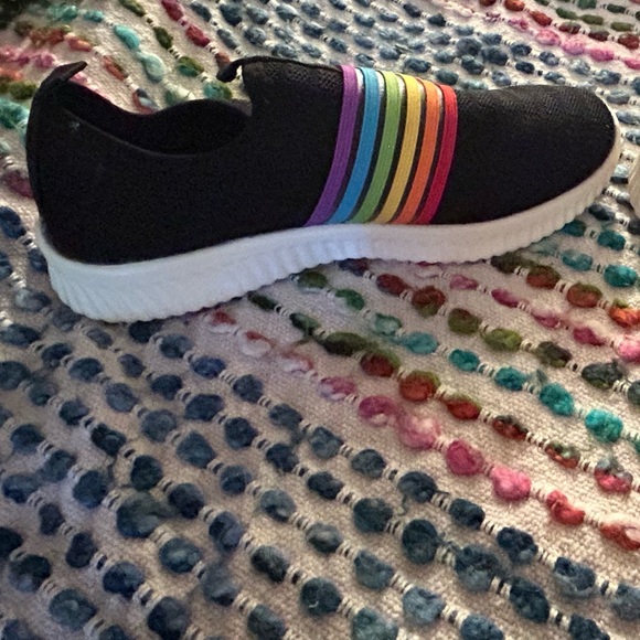 Rainbow Stripe Tennis Shoes, easily slide on, worn once - Picture 2 of 2